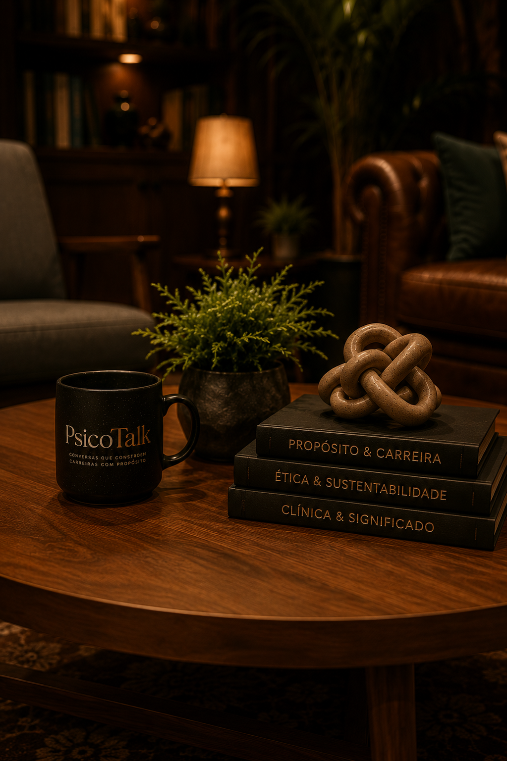 Mesa do PsicoTalk com livros sobre propósito, ética e clínica